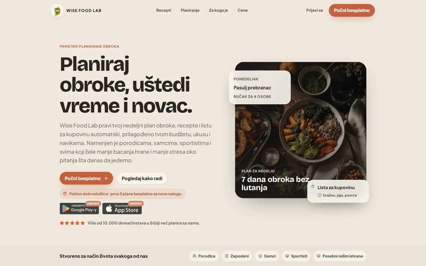 Wise Food Lab početna strana na desktop uređaju